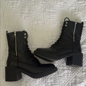 MIA Gordy Combat Boot • Black Leather • Lace-Up with Side Zip • Block Heel